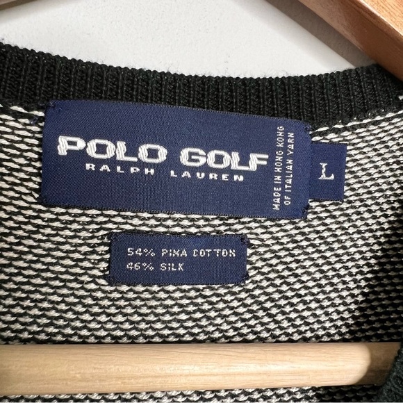 Polo Golf Mens Size Large Silk Cotton Black White Knit Sweater Vest V Neck - Picture 7 of 11